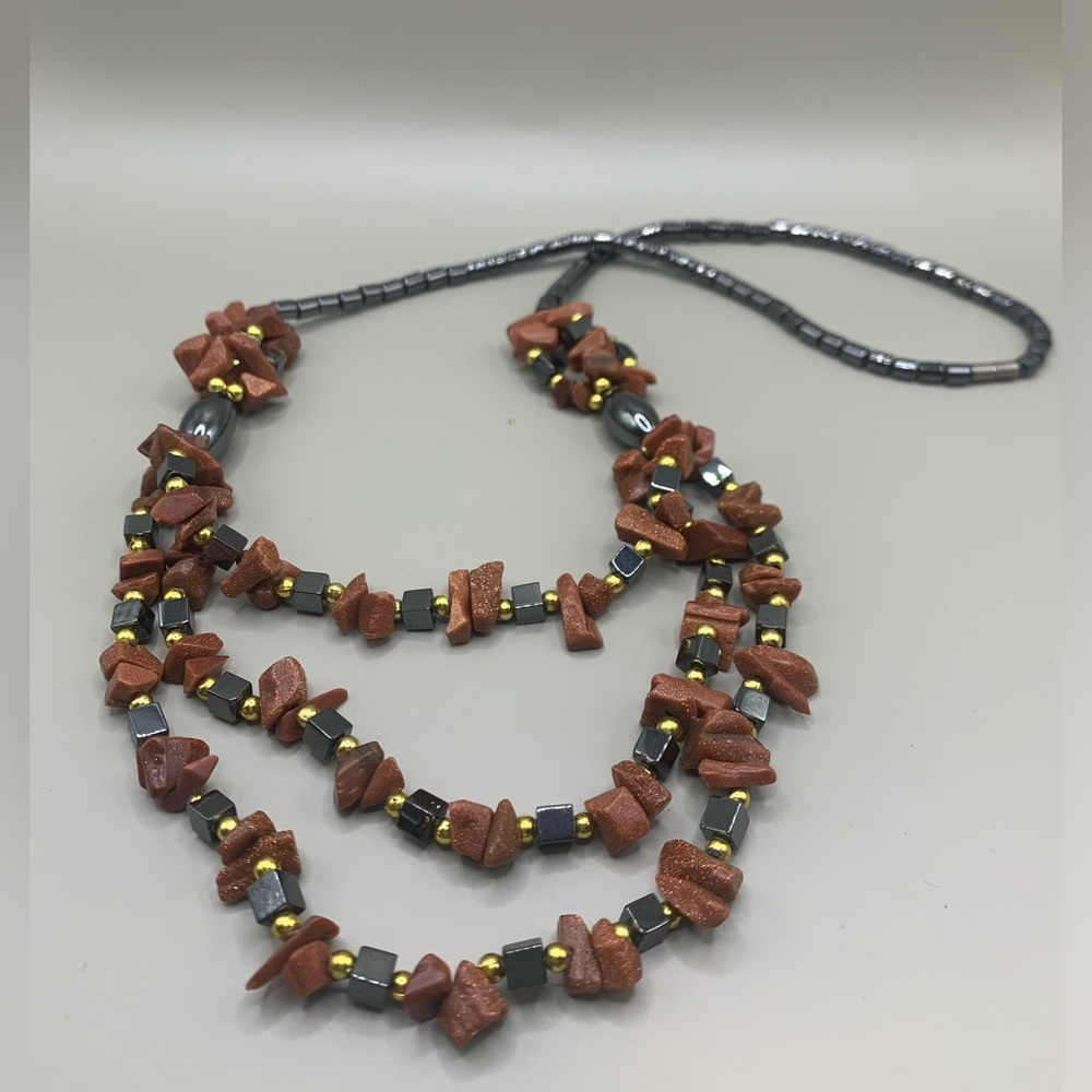 Vintage Hematite Gold Sparkly Stone Beaded 3 Layer Choker Necklace‎ 18”
